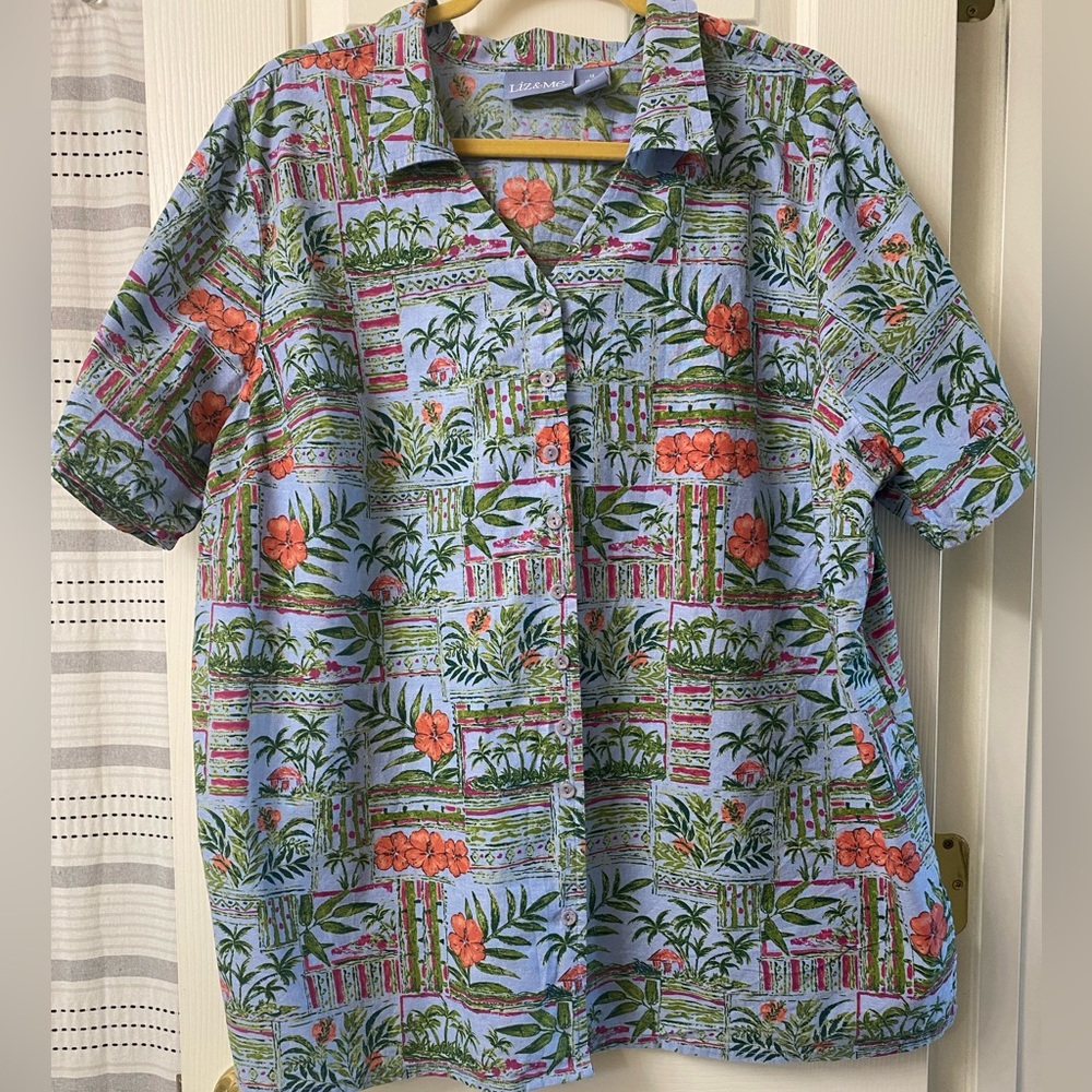 Liz & Me Tropical Floral Print Short Sleeve Button Up Shirt  Size 1X (18/20)
